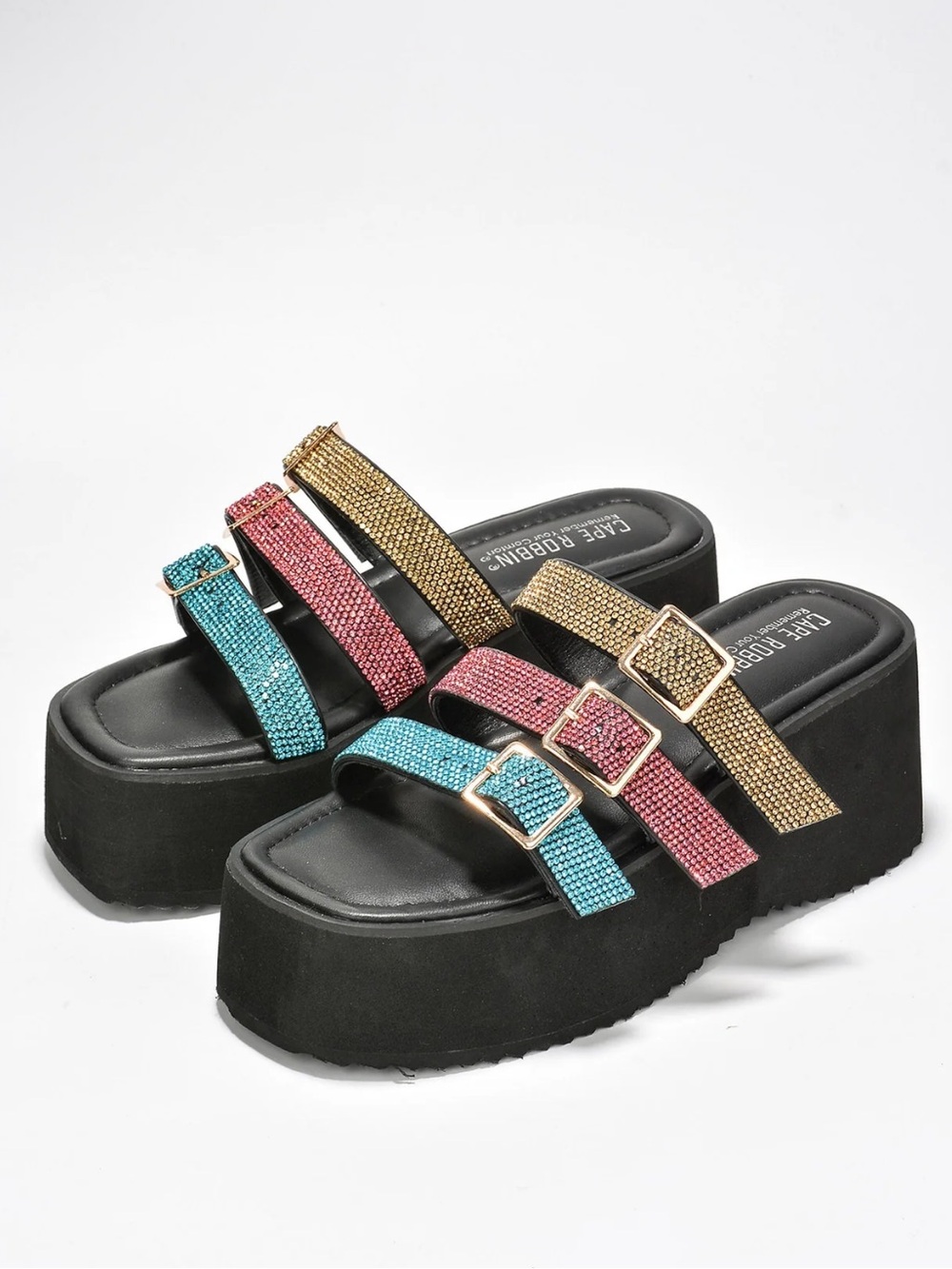 •CAPE ROBBIN• “Paye” Buckle Platform Rhinestone Slide Sandals-Multi // NIB - Picture 4 of 15